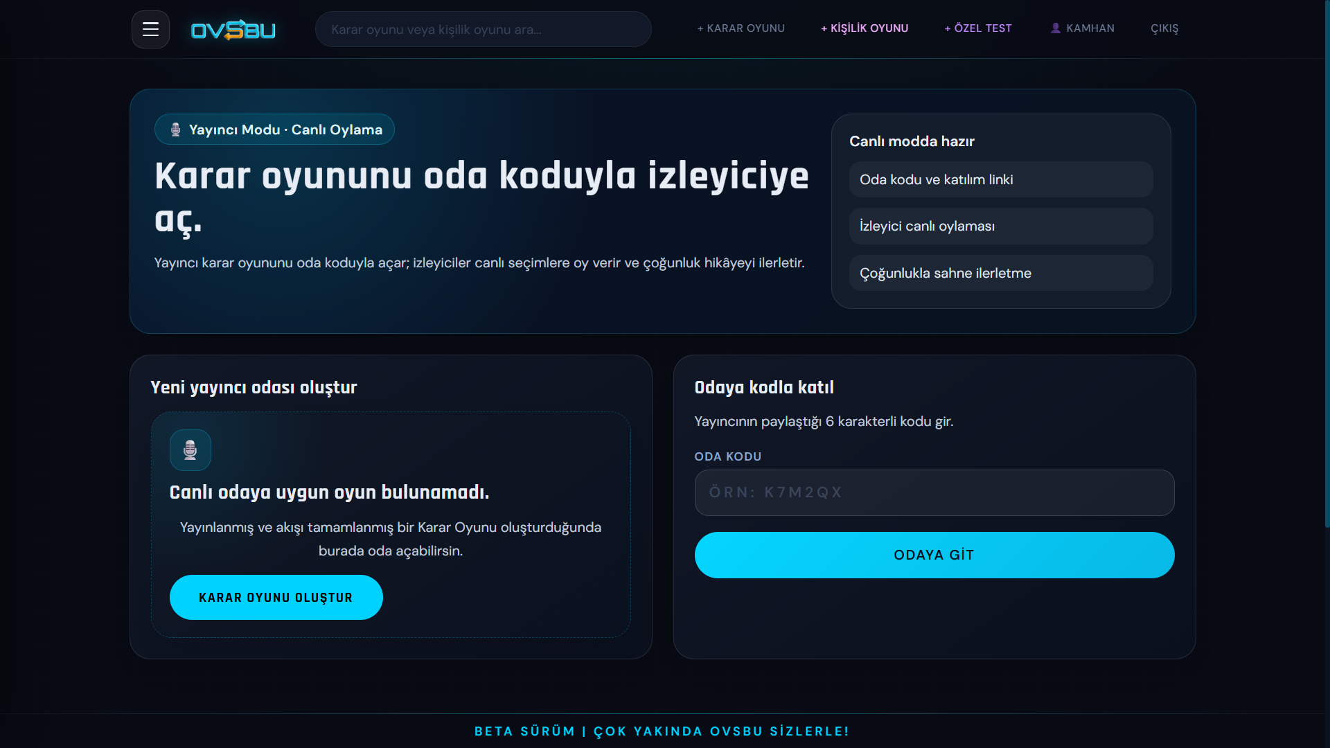 OVSBU interaktif oyun platformu ekran görüntüsü